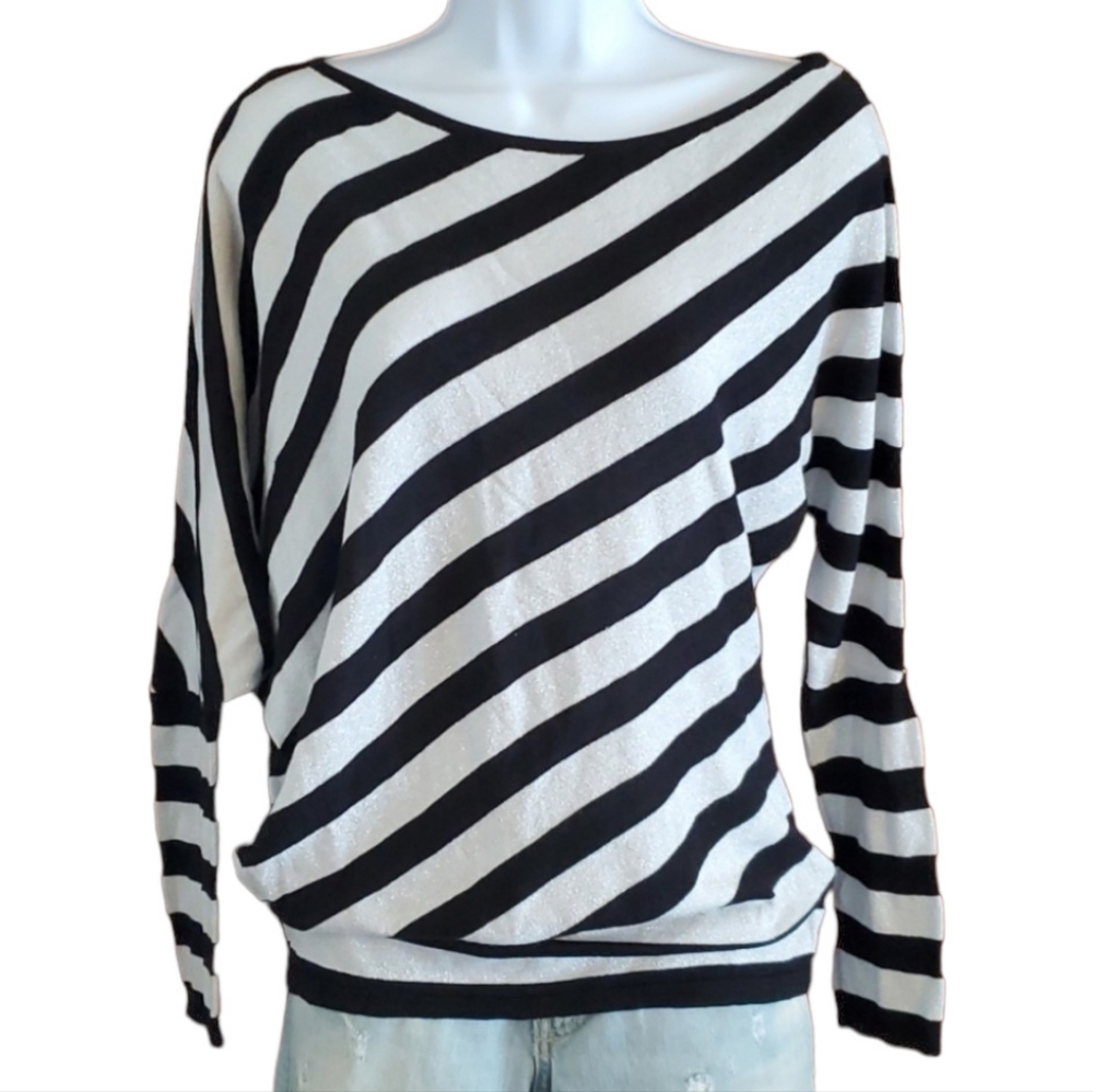 Derek Heart Women's Asymmetrical Black & Silver Sparkle Striped Sweater